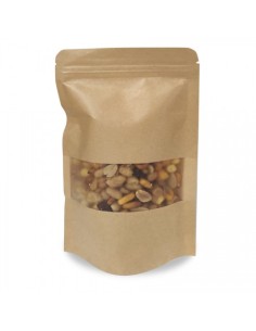 Bolsa de papel plastificado Doypack Kraft, con ventana (25 x 35 + 12 cm - 250 Uds)