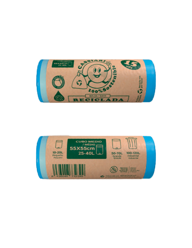 Bolsa de basura sostenible con cierre fácil (Azul - 55 cm x 55 cm - 15 Uds / 1 Pack - Reciclada Eco)