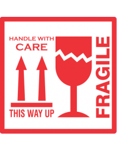 Rollo etiqueta adhesiva "This Way Up, Handle With Care, Fragile" (10 x 10 cm - 250 Uds)